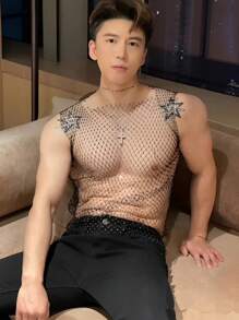 1pc Men's Sequined Sexy Sheer Mesh Hollow-Out Strap Vest Top, Clubwear, Party Outfit, For Displaying Chest Muscles, Also Suitable For Women