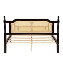 Queen Pine Wooden Bed With Rattan Headboard And Footboard, With Central Enhanced Bed Platform,Espresso