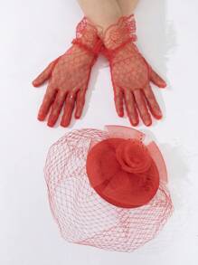 1pc Women's Vintage Red Rose Mesh Fascinator Hat, Fashionable Mesh Gloves, For Evening Party Modeling Show Performance And Decoration Valentine's Day Valentines