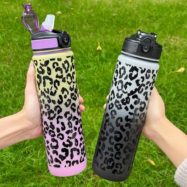 1 pièce Bouteille d'eau 1000 ml/34 oz à imprimé léopard coloré, bouteille d'eau de sport casual extérieur avec poignée tressée et paille, anti-fuite, convient pour les sports extérieurs, la course, le cyclisme, le camping, l'école, les cadeaux pour la fête des mères, Pâques, etc.