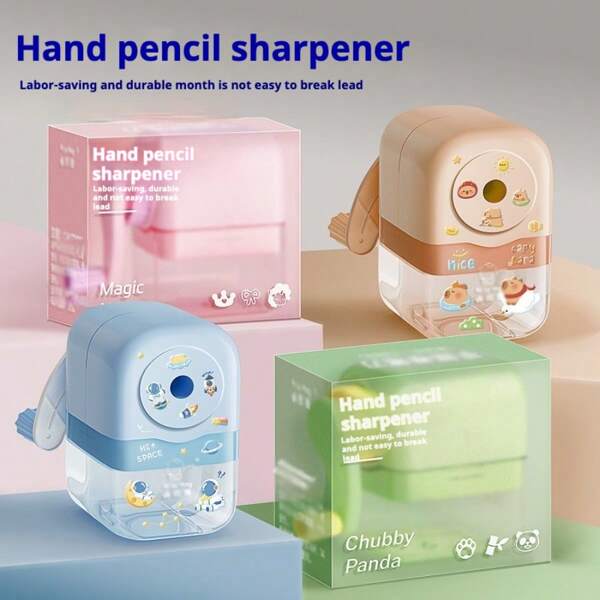 Sacapuntas de lápiz de dibujos animados universal - Herramienta manual de múltiples tamaños para lápices estándar, extra grandes y triangulares | Útiles escolares con caja de almacenamiento exterior (4 colores, plástico) para volver al colegio