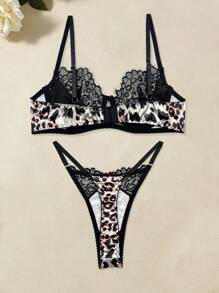 Fantasias de Halloween, Lingerie de Noiva, Roupas de Férias, Conjunto de Lingerie Sexy de Renda de Cílios com Estampa de Leopardo para Mulheres, 2 Peças, Sutiã com Sustentação e Bojo com Tanga de Tule Sólido