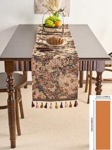 1 件复古美式农舍风格桌旗，咖啡色花卉提花带流苏，厨房/餐厅装饰，节日派对生日餐桌装饰，适合所有季节