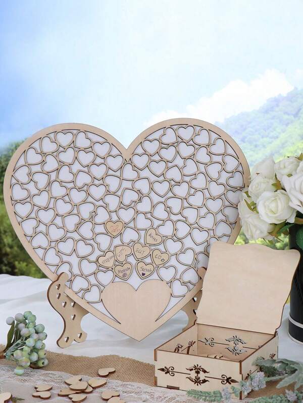 1 pieza Signo de boda de madera con forma de corazón creativa para mostrador, decoraciones de notas adhesivas DIY, recuerdos conmemorativos. Aniversarios de bodas, fiestas de bodas, regalos del Día de San Valentín.