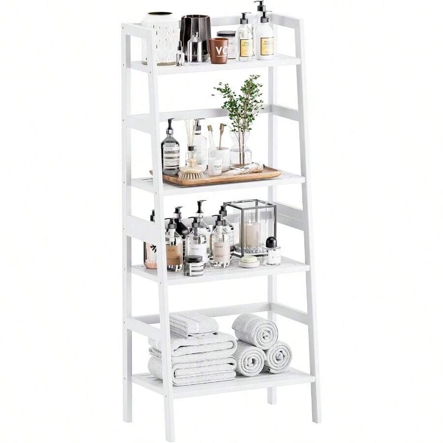 White Ladder Bookcase 4-Tier Ladder Shelf Freestanding Bamboo Storage Shees For Living Room Bathroom Kitchen - White - View 1