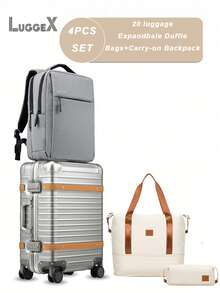 4pcs LUGGEX All Aluminum Carry On Luggage With USB Port - Hard Shell Zipperless Luggage With Wheels - Retro Meets Tech Travel (Vintage Suitcase) - 霧面銀/白棕 - 查看 12
