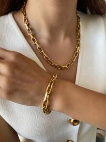 1pc 18K Gold Plated Chain Bracelet, Thick Link Bracelet, 6.5" Statement Bracelet, Stainless Steel Jewelry, Christmas Gift For Her
