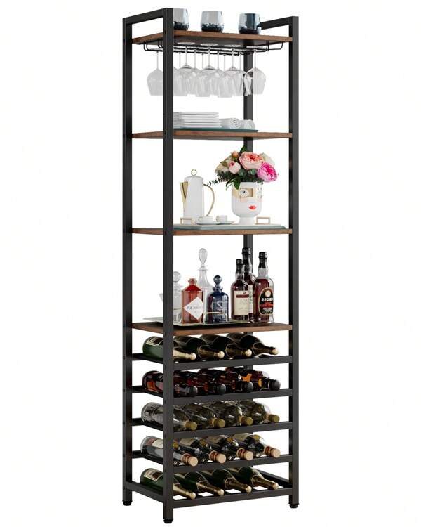 LITTLE TREE LITTLE TREE Wine Rack Freestanding Floor, 9 Tier Wine Bar Cabinet For Liquor And Glasses Storage, Rustic Brown (20 Bottle)