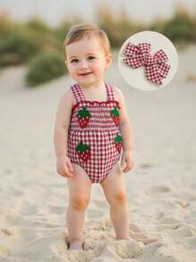 Baby Girl Strawberry Outfit Plaid Smocked Sleeveless Overall Romper Te-Up Headband Cute Summer Clothes 2Pcs Set