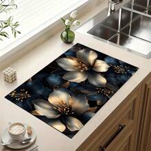 1 pieza Felpudo de secado de platos con estampado floral, alfombrilla absorbente, almohadilla de drenaje para cafetera, utensilios - Protector de superficie de mesa de poliéster, decoración de encimera de cocina, individual para barra y mesa de comedor en el hogar
