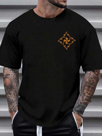 Camiseta de hombre con estampado de moto negra, cuello redondo, tejido grueso.