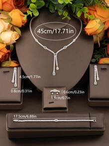 1 conjunto de joias retangulares de zircônia cúbica elegantes e luxuosas de alta qualidade, adequadas para casamentos e banquetes femininos, incluindo 1 par de brincos, 1 colar, 1 pulseira, 1 anel, sem caixa de presente