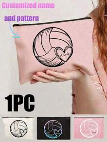 Customized 1pc White Volleyball Printed Heart Makeup Bag For Girl - Lightweight, Customizable Name And Holiday Machine Washable Fabric Black Zipper | Multi-Functional Cosmetic Bag, Travel Wash Bag, Pouch, Pencil Case | Ideal Teacher Gift, Girl's Volleyball - Type 1 - View 1