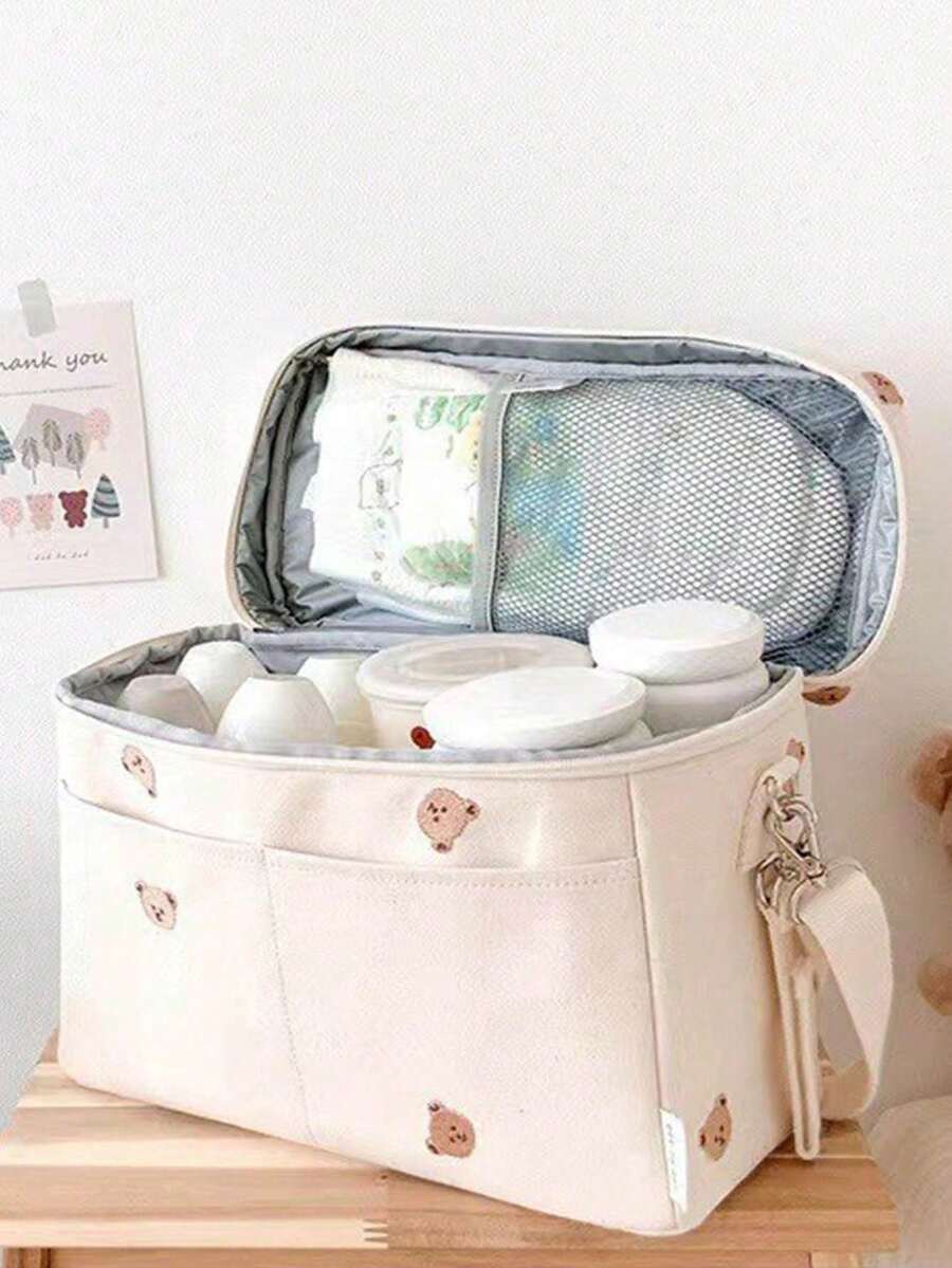 1pc Embroidered Multiple Bears Baby Stroller Storage Bag, Insulated Cooler Bag