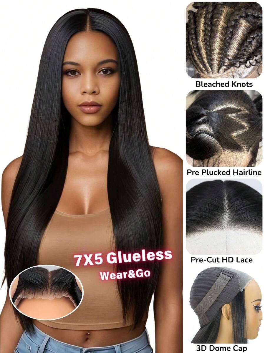 SALLYWELL Wear And Go 无胶假发 7*5 蕾丝前假发 假发 无胶黑色直发 女士合成假发 Wear&Go 26 英寸