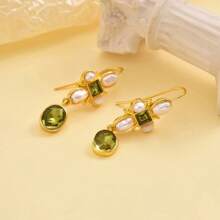 Aretes vintage de cristal y perla falsos con diseño geométrico verde, accesorios elegantes y creativos para fiestas