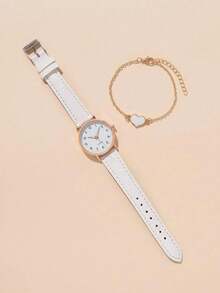 2pcs/Set Casual Numeric Glowing Pointer Quartz Watch Set For Women, Fashionable Leather Strap Student Watch, Versatile - White - View 2