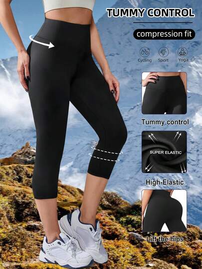 女士高腰七分塑形瑜伽裤，纯色弹力运动紧身裤，多功能健身骑行徒步短裤，夏季轻盈柔软弹力提臀瑜伽紧身裤，针织面料弹力腰带，适合跑步、健身房和户外活动