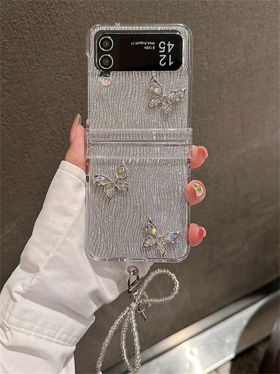 Ốp lưng điện thoại gập sang trọng hình bướm, đính đá 3D, hiệu ứng gợn sóng nước, kèm nơ trang trí, tương thích với Samsung Galaxy Z Flip 7, 6, Z Flip 5, Z Flip 4, Z Flip 3. Ốp bảo vệ mặt sau bằng nhựa PC trong suốt, cứng cáp, thích hợp làm quà tặng mùa xuân, tiệc tùng.