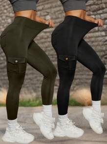 2pcs Women's Outdoor Sport Pants, Multi-Color Elastic High Waist Yoga Leggings With Pockets, Suitable For Cycling, Running, Tennis, Golf, Spring & Summer