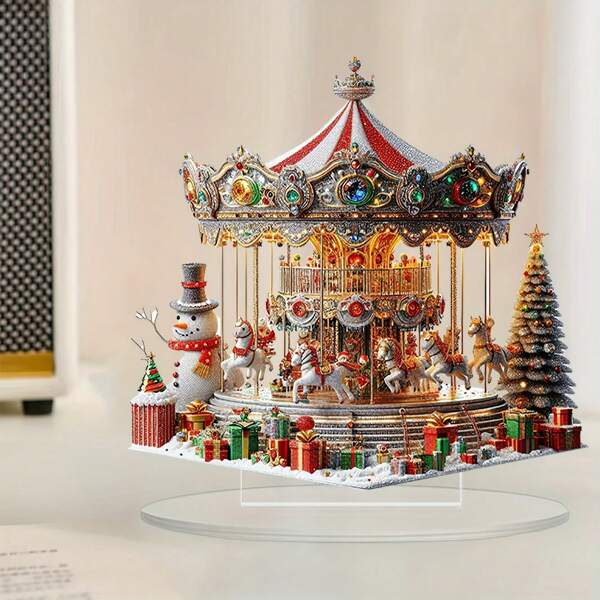 1pc Bohemian Style Acrylic Rotating Carousel Desktop Decor - 2D Christmas Decoration, Suitable For Home And Office Desk Display, Holiday Gift