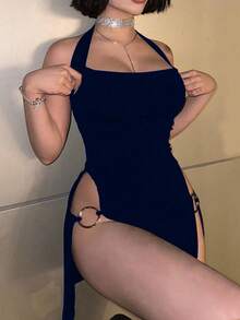 Sexy Summer Open Back Halter Neck Split Dress With Ring Details - Navy Blue - View 1