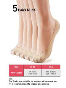 5 Pares de Calcetines invisibles de mujer de nailon delgado y ligero en color nude, calcetines forro, sin mostrar, antideslizantes, adecuados para negocios, uso casual y varios tipos de zapatos como zapatos planos, tacones altos, zapatos de penny y tenis, excelentes para el trabajo, compras, caminar, fiestas y uso diario en casa.