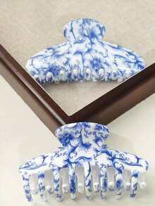 2pcs Retro Blue & White Porcelain Pattern Acrylic Hair Clips, Chinese Style Hair Claws For Bun Updo - Multicolor - View 2