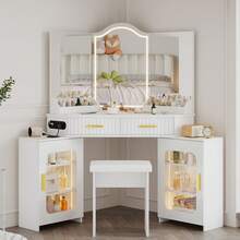 Corner Vainty Desk With Lighted Mirror, Modern Fluted Makeup Vanity With Charging Station, Drawers & Storage Cabinet, Stool, Women Dressing Table For Bedroom (White) - 白色 - 查看 2