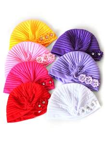 1pc Vintage Women's Solid Rhinestone Flower Casual Bandana Hair Wrap Hat, Versatile Watermelon Hat Hair Sleep Cap Sleep Bonnet,Beach,Travel - Multicolor - View 5