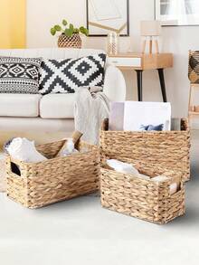 Set de 3/1 pieza Cestas de almacenamiento rectangulares, cestas tejidas de mimbre y jacinto de agua, cestas organizadoras, cestas de almacenamiento tejidas a mano para estantería, papel de baño, escritorio, mesa de café, juguetes, llaves, cosméticos