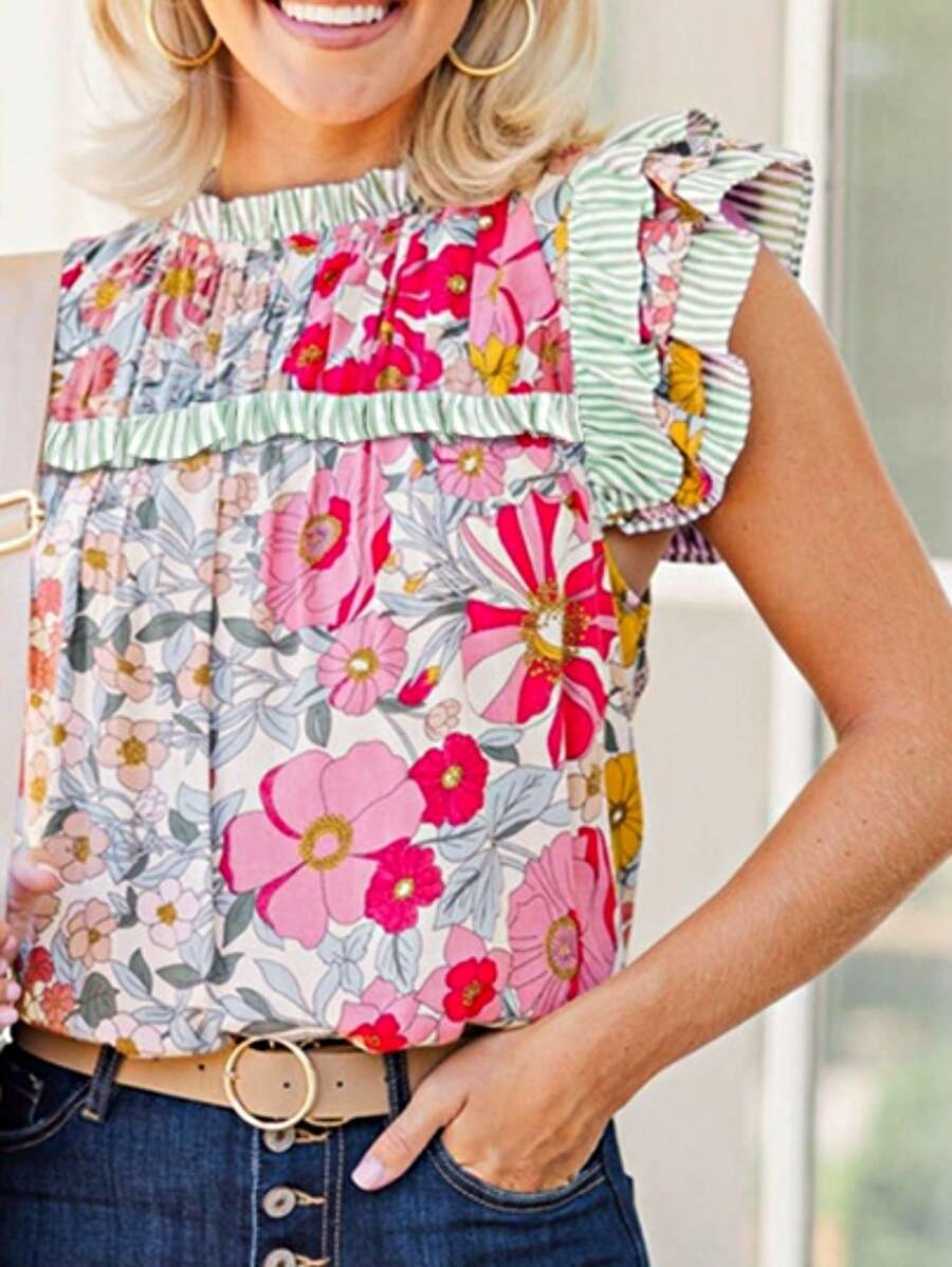 Boho Retro Vintage Viscose 90's Rose Red Pink Mint Ruffle Panel Cap Sleeve Loose Top Shirt Blouse - 藍色花 - 查看 1
