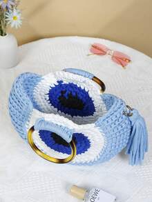 新款流苏编织包大容量独眼巨人印花手提包休闲度假沙滩单肩包半圆形手提包 - 淺藍色 - 查看 4