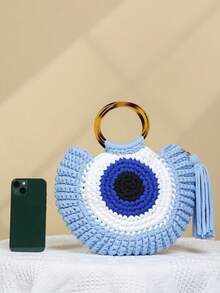 新款流苏编织包大容量独眼巨人印花手提包休闲度假沙滩单肩包半圆形手提包 - 淺藍色 - 查看 3