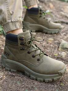 Men's High-Top Military Tactical Work Boots, Leather Motorcycle Combat Boots, Lightweight Hiking Boots, Casual Shoes - Army Green - View 7