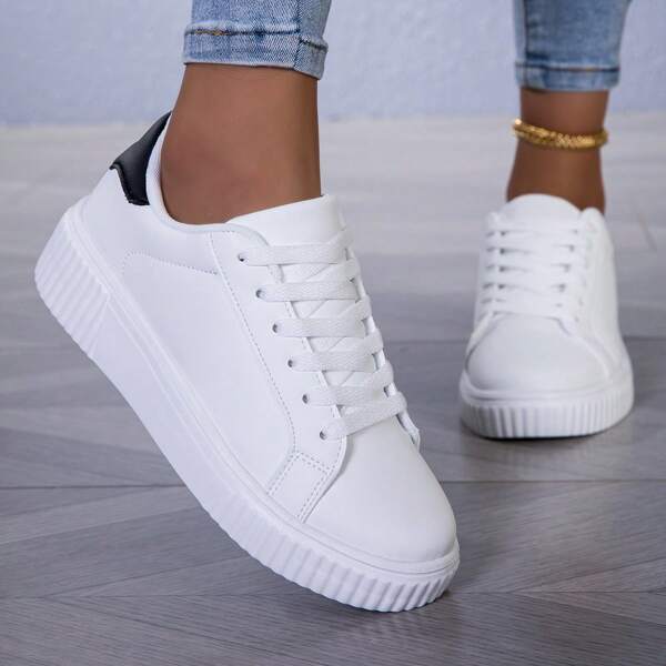 New Classic White Sneakers For Women, Versatile Casual Low-Top Flat Comfy White Tennis Shoes, Suitable For Commute
