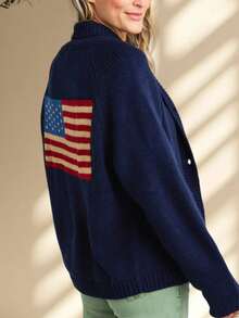 Women 4th Of July Open Front Cardigan Sweater Vinatge American Flag Button Down Long Sleeve V Neck Knit Top Shawl Collar Varsity Coat Jacket Y2K Oversized Chunky Cardigans Patriotic Graphic Jumper Tops Fall Winter Knitwear Outerwear Streetwear Independenc - 藏蓝色 - 查看 1