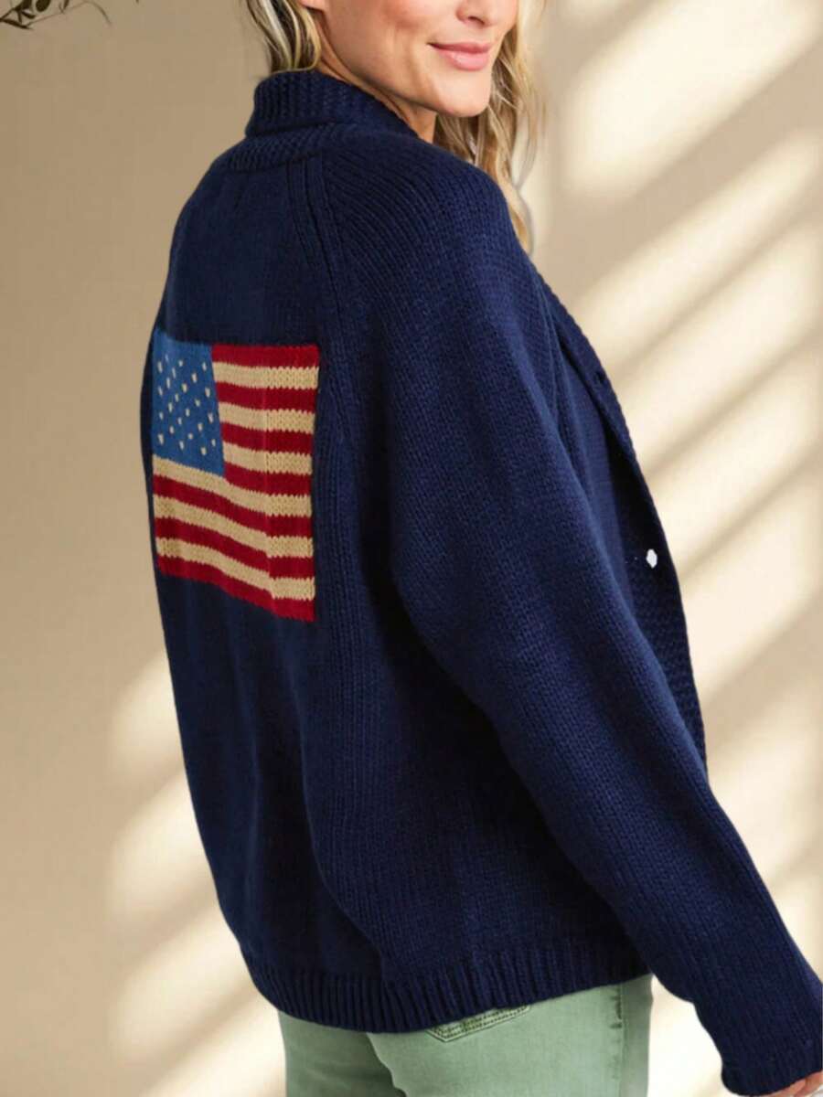 Women 4th Of July Open Front Cardigan Sweater Vinatge American Flag Button Down Long Sleeve V Neck Knit Top Shawl Collar Varsity Coat Jacket Y2K Oversized Chunky Cardigans Patriotic Graphic Jumper Tops Fall Winter Knitwear Outerwear Streetwear Independenc - 藏蓝色 - 查看 1