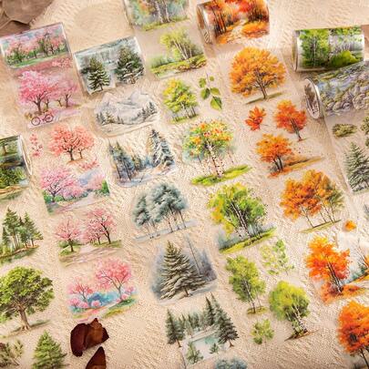 have a good day 1 卷 78.74 英寸（200 厘米）四季森林树主题 PET 贴纸卷美学相册装饰拼贴卡片材料手工手账艺术日历办公室和学校用品、学校用品、返校
