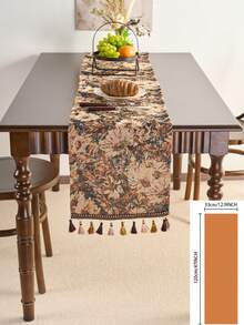 1 件复古美式农舍风格桌旗，咖啡色花卉提花带流苏，厨房/餐厅装饰，节日派对生日餐桌装饰，适合所有季节