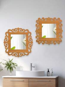 1/2pcs Vintage Square Wall Decor Mirror, Hollow Floral Pattern Mirror Wall Hanging Decor With Wooden Frame, Multiple Colors Available For Living Room, Bedroom, Dining Room, Bathroom, Unique Decorative Mirror, Distinctive Gift For Birthday, Holiday, Graduation, Mother's Day