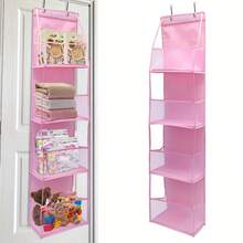 1pc Pink Over The Door Hanging Organizer With 4 Pockets, Fabric Wall Mount Storage For Closet/Bathroom/Bedroom/Dorm, Clear Window & Reinforced Shelves, Includes 2 Metal Hooks, Organize Cosmetics, Toys & Sundries