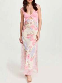 Women Y2K Lace Patchwork Floral Maxi Dress Sexy Cutout V-Neck Bodycon Party Dress Slit Backless Going Out Dress - Hồng - Xem 1