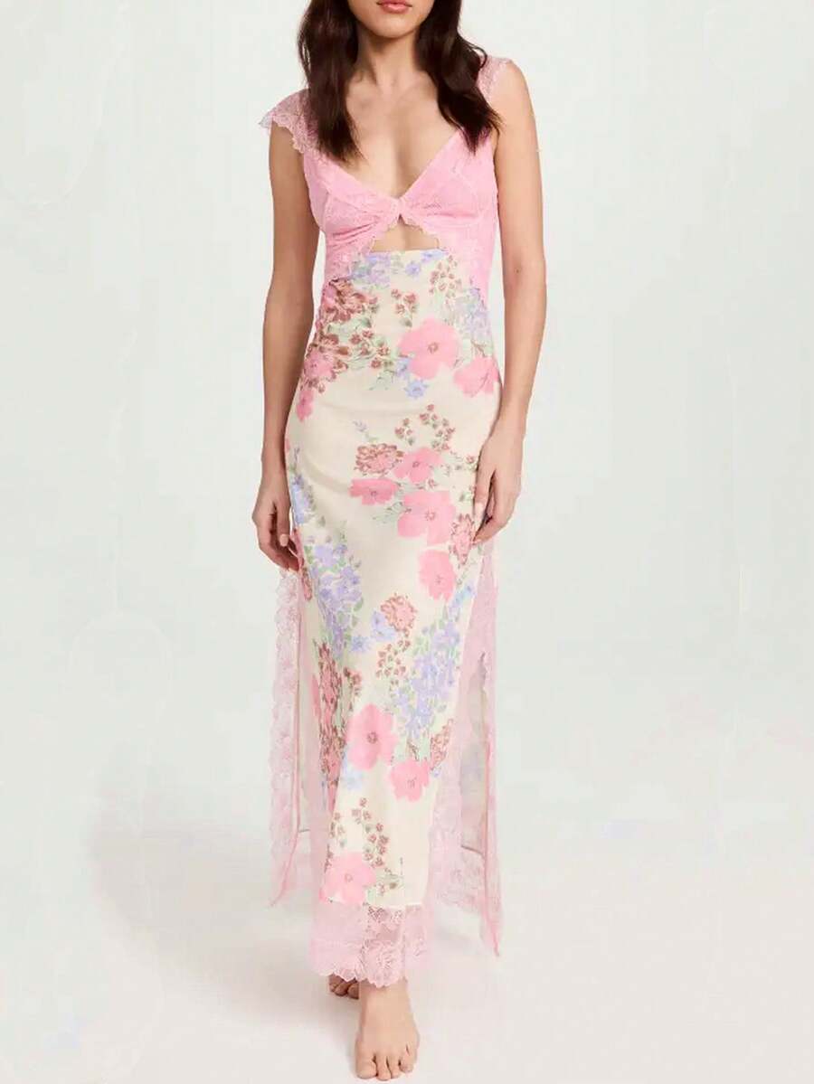 Women Y2K Lace Patchwork Floral Maxi Dress Sexy Cutout V-Neck Bodycon Party Dress Slit Backless Going Out Dress - Hồng - Xem 1