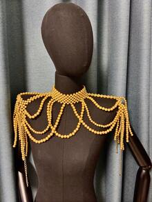 优雅珍珠新娘肩项链手工空心仿珍珠躯干链婚纱披肩 - 白色 - 查看 13