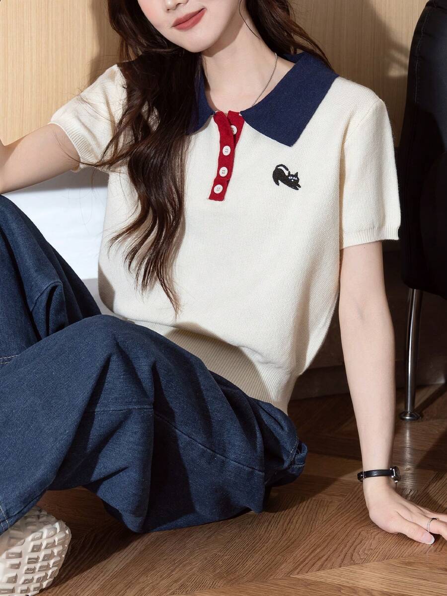 Alicedudu Blusa de manga corta con cuello bordado de estilo minimalista y en contraste de color para mujer, para el verano - Multicolor - Ver 1