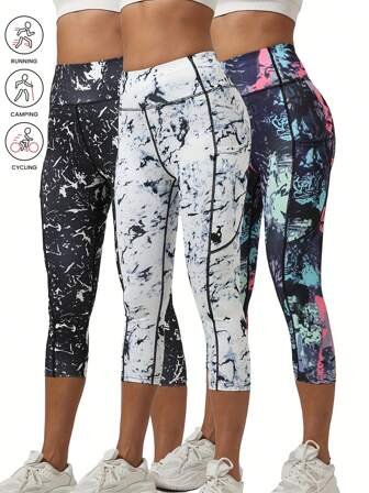3 Pcs Women High Waist Floral Print 7/8 Leggings With Pockets, Tummy Control Yoga Workout Pants, Athletic Sportswear
