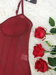 1pc Summer Solid Color Net Stitching Sexy Sheer Sleeveless Slim Fit Blouse For Women
