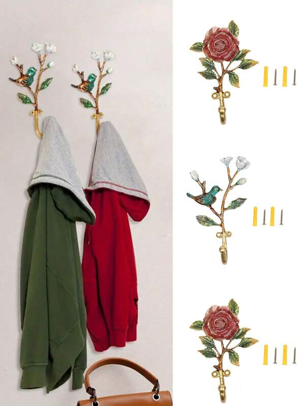 1 pieza Gancho de pared decorativo vintage elegante de metal con diseño retro de pájaro, flores y hojas verdes y flores amarillas para colgar ropa, abrigos, toallas, llaves, sombreros y decorar el hogar