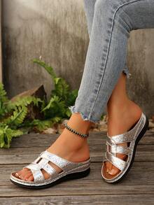 Elegant Women's Platform Wedge Sandals With Thick Sole, Plus Size, Fashion High-Heel Comfortable Suitable For Home, Party, Beach Casual - Silver - View 8